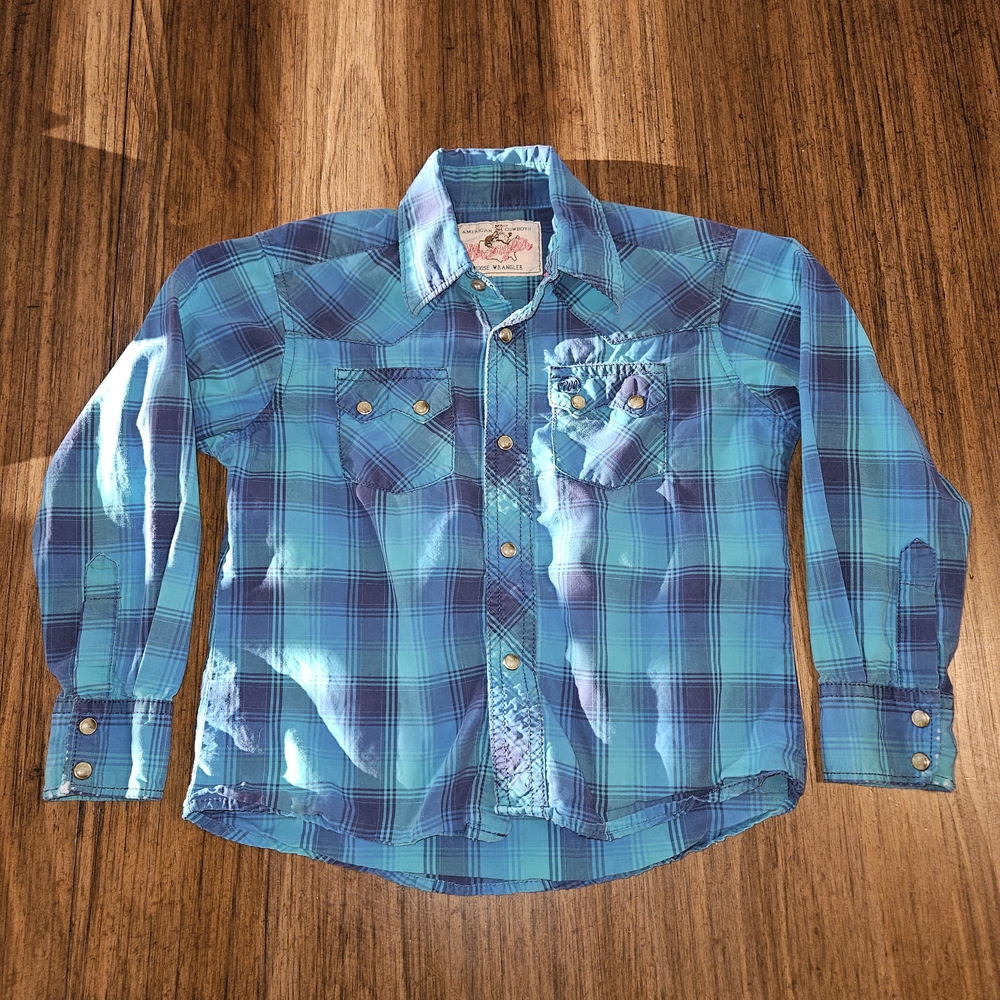 Wrangler Blue and Navy Plaid Kids Button-Down Shirt Size S